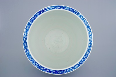 A large Chinese blue and white fish bowl with a view of Canton, 19th C.