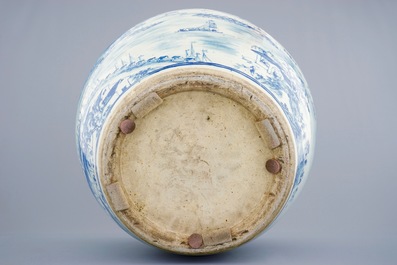 A large Chinese blue and white fish bowl with a view of Canton, 19th C.