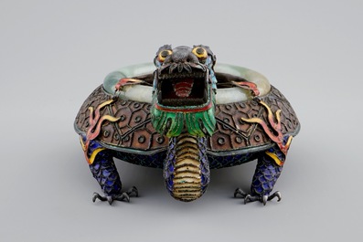 A Chinese enamelled silver and jade censer of dragon shape, 19/20th C.
