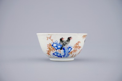 Een set van 6 Chinese koppen en schotels met vogels tussen bamboe, Yongzheng/Qianlong, 18e eeuw