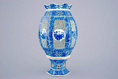 A Chinese blue and white pierced lantern on stand, 19th C.