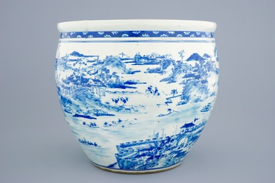 A large Chinese blue and white fish bowl with a view of Canton, 19th C.
