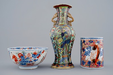 A clobbered vase, an Amsterdam bont bowl and a beer mug of Mandarin design, Kangxi/Qianlong, 18th C.