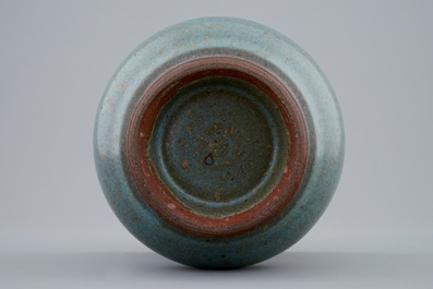 A Chinese junyao glazed vase with engraved inscription, 19/20th C.