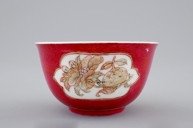 A Chinese eggshell ruby ground cup and saucer, Yongzheng, 1723-1735