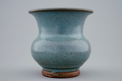 A Chinese junyao glazed vase with engraved inscription, 19/20th C.