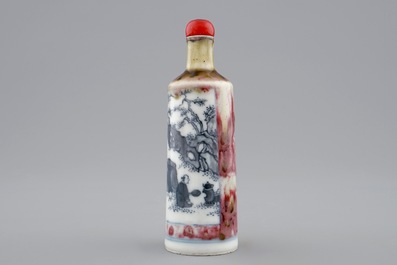 A Chinese blue, white and underglaze red snuff bottle, 18th C.