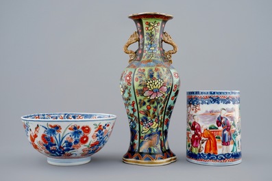 A clobbered vase, an Amsterdam bont bowl and a beer mug of Mandarin design, Kangxi/Qianlong, 18th C.