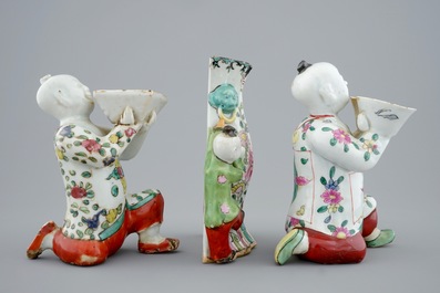 Two Chinese famille rose figures and a wall vase, 18/19th C.