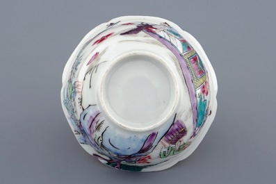 A Chinese famille rose cup and saucer with a fishing scene, Yongzheng, 1723-1735
