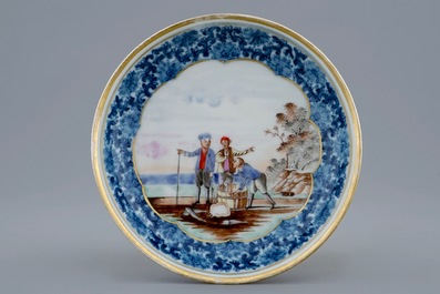 A Chinese export porcelain cup and saucer with a fish seller, Qianlong, 18th C.
