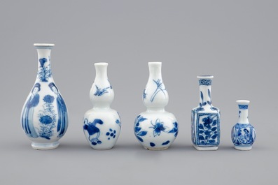 A set of five Chinese blue and white miniature vases, Kangxi