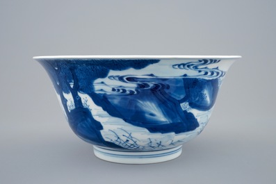 Un bol en porcelaine de Chine bleu et blanc &agrave; d&eacute;cor d'un bateau, Kangxi