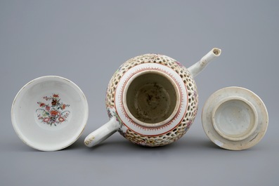A double-walled reticulated famille rose teapot with matching tea bowl, Qianlong, 18th C.