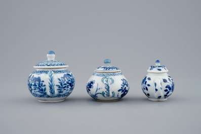 Three Chinese blue and white miniature teapots and covers, Kangxi