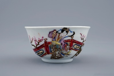 A Chinese famille rose eggshell cup and saucer with a dancing lady, Yongzheng, 1723-1735