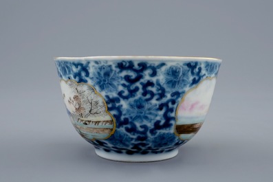 A Chinese export porcelain cup and saucer with a fish seller, Qianlong, 18th C.