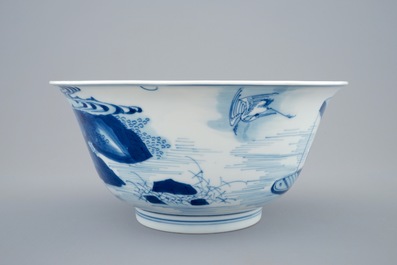 A Chinese blue and white bowl with a river scene, Kangxi