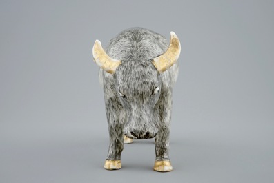 An unusual Chinese grisaille and gilt model of an ox, Qianlong, 18th C.