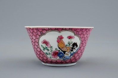 A Chinese famille rose eggshell cup and saucer with a rooster, Yongzheng, 1723-1735