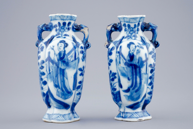 A pair of small Chinese blue and white vases with long Elizas, Kangxi