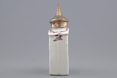 A Chinese famille rose erotical subject tea caddy with a prostitute, Qianlong, 18th C.