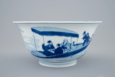 Un bol en porcelaine de Chine bleu et blanc &agrave; d&eacute;cor d'un bateau, Kangxi