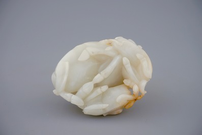 A Chinese white jade carving of a &quot;Three rams&quot; group, 19/20th C.