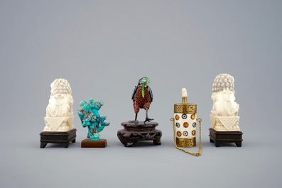 A collection of Chinese ivory, bone, gilt silver and turquoise objects, 19/20th C.