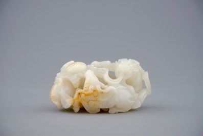 A Chinese white jade carving of a &quot;Three rams&quot; group, 19/20th C.