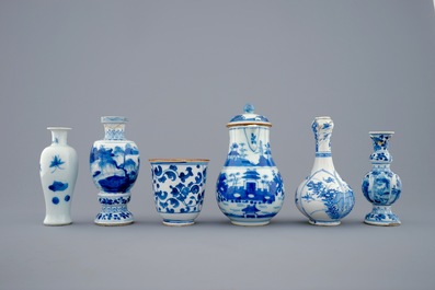 A set of 6 various blue and white Chinese vases and vessels, Kangxi