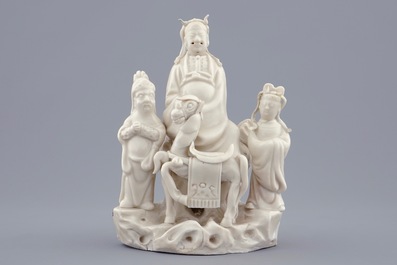 A Chinese Dehua blanc de Chine group of Wen Chang with 2 followers, 18/19th C.