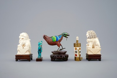 A collection of Chinese ivory, bone, gilt silver and turquoise objects, 19/20th C.