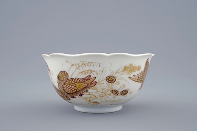 A Chinese grisaille and gilt cup and saucer with ducks and insects, Yongzheng, 1723-1735