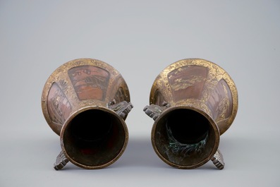 A pair of Japanese parcel gilt bronze vases, Meiji, 19th C.