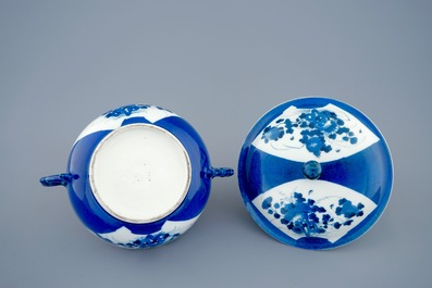 Een Chinese bleu poudr&eacute; twee-orige dekselkom met floraal decor, Kangxi