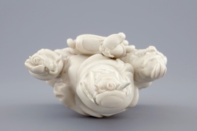 A Chinese Dehua blanc de Chine group of Wen Chang with 2 followers, 18/19th C.