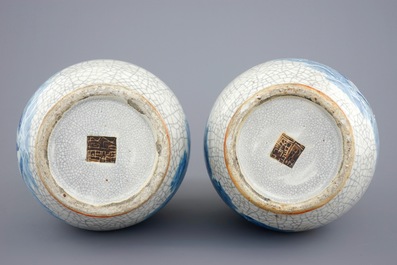 A pair of Chinese blue and white on crackle and celadon ground vases, 19th C.