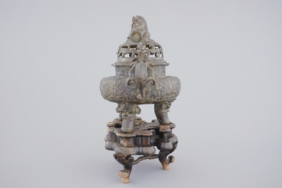 A large Chinese bronze tripod censer on stand, 17/18th C.