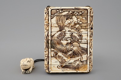 A Japanese ivory inro with netsuke, both signed, Meiji, 19th C.