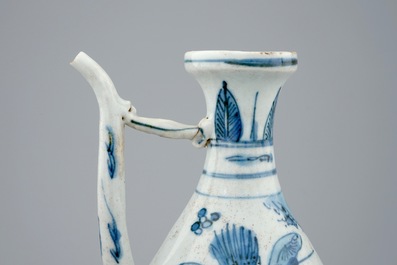 A pair of Chinese blue and white ewers with birds and fish, Ming Dynasty, Wanli, 1573-1619
