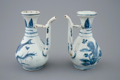 A pair of Chinese blue and white ewers with birds and fish, Ming Dynasty, Wanli, 1573-1619