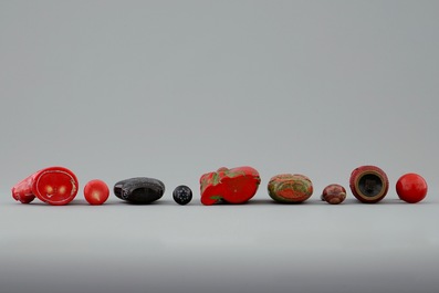 A set of five Chinese coral and lacquer snuff bottles, 19/20th C.