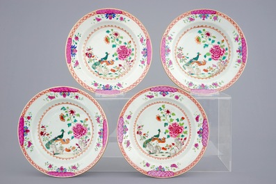 A set of 8 Chinese famille rose &ldquo;double peacock&rdquo; pattern plates, Qianlong, 18th C.