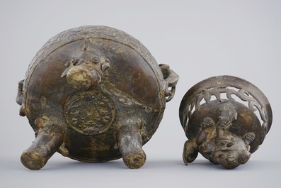 A large Chinese bronze tripod censer on stand, 17/18th C.