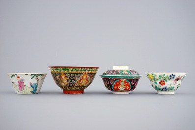 A collection of 10 various Chinese famille rose and Bencharong bowls, 19/20th C.