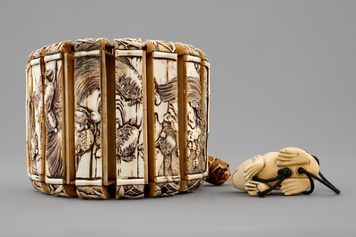 A Japanese ivory inro with netsuke, both signed, Meiji, 19th C.