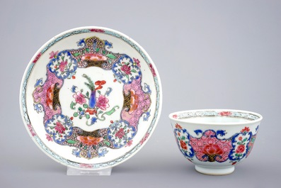 A set of five Chinese famille rose cups and saucers, Qianlong