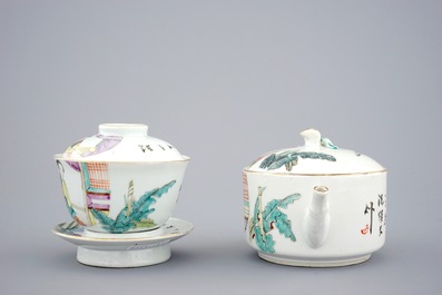A Chinese qianjiang cai teapot and six matching covered cups on stands, 19/20th C.