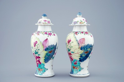 A pair of Chinese famille rose vases with &ldquo;tobacco leaf&rdquo; design, Qianlong, 18th C.